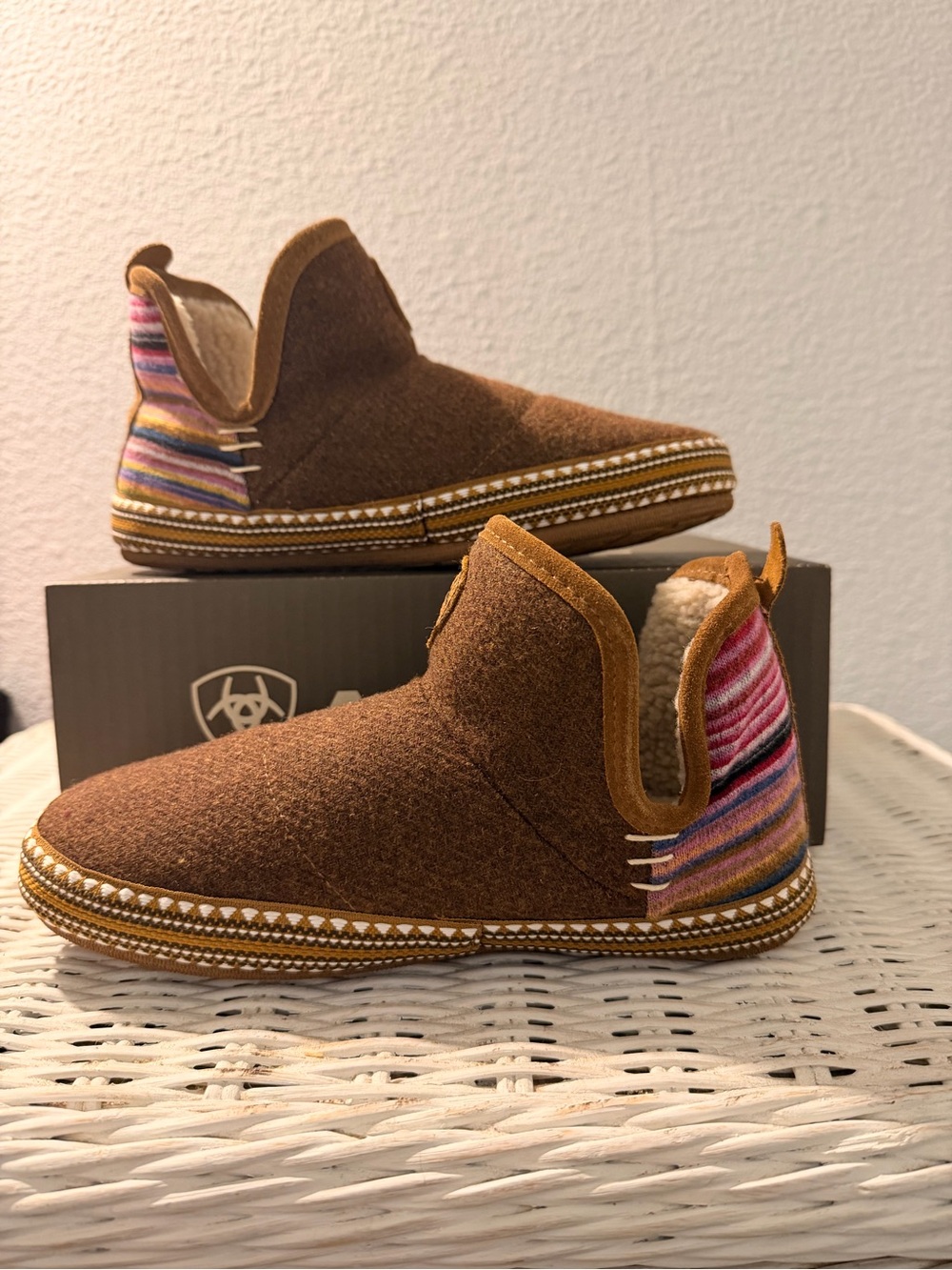Ariat Brown Booties with Multicolor Stripe Heel
